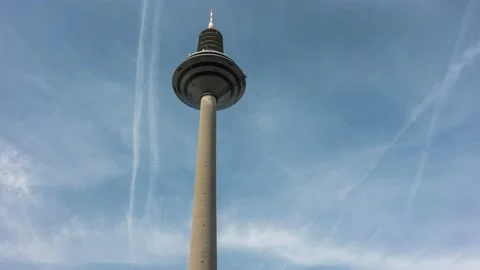 Moving clouds over the communication tower of Frankfurt Видео 150255546