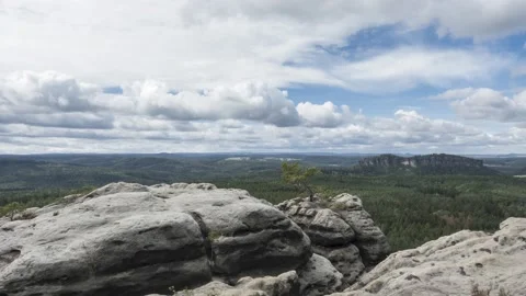 Moving clouds over the Elbe Sandstone mountains Видео 139096349