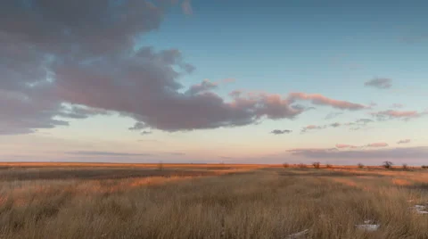 Moving clouds over the golden grasses studded snow in the desert in the winter. Video stock 60055493
