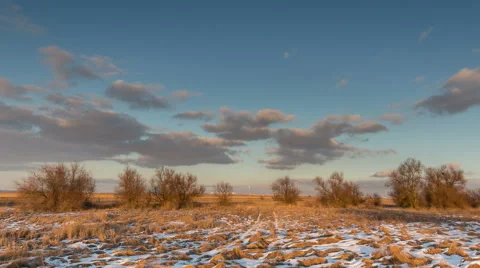 Moving clouds over the golden grasses studded snow in the desert in the winter. 動画素材 60055525