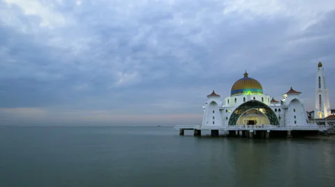 Moving Clouds over Masjid Selat Melaka Mosque Time Lapse HD Video Stock Footage 34377285