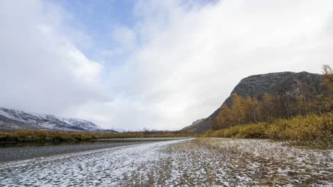 Moving clouds over the Rapa river valley with snow, Sarek National Park Video stock 154888244