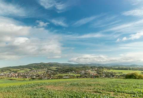 Moving clouds in two directions, above the village of the Krhova Beskydy Czec Stockfoto's