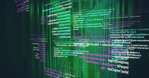 Moving code lines and green data bars across virtual interface, with holographic Stock Illustration