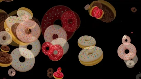 Moving colorful donuts motion graphics with plain black background Video stock 334986857