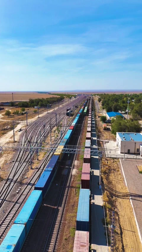 Moving Container Freight Train in Large Electrified Railway Yard Stock Footage 346320764