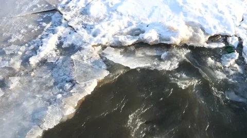 Moving cracked ice and plastic bottles on dirty river footage. Stock Footage 169355941