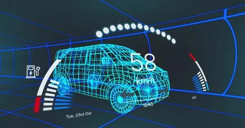 Moving cyan-blue wireframe van model through tunnel, with overlays for speed, Stock Illustration