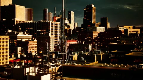 Moving cyclone over the city of thunderclouds Stock Footage 231983874