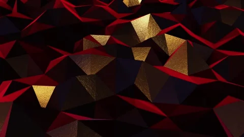 Moving dark polygonal gold surface with a red light environment in UHD Stock Footage 266366027