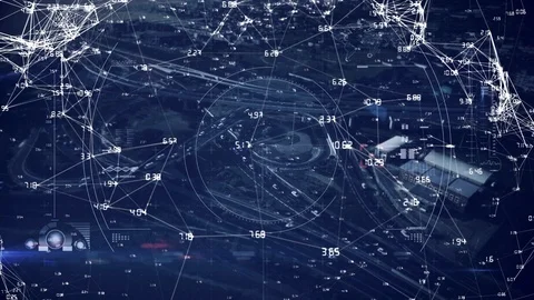 Moving data connections above a city and highway Video stock 101666266