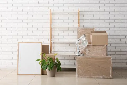 Moving day essentials: cardboard boxes, empty picture frame, houseplant, and  Stock Photos