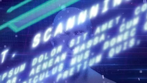 Moving diagonal text starting scan, 3D bust emerging as particles mapping face Stock Footage 334351942