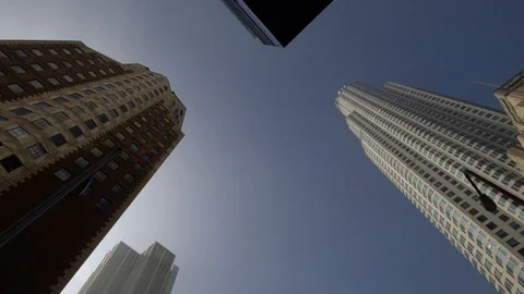 Moving dolly shot looking up modern skyscrapers in downtown Los Angeles, USA Stock Footage 99116466