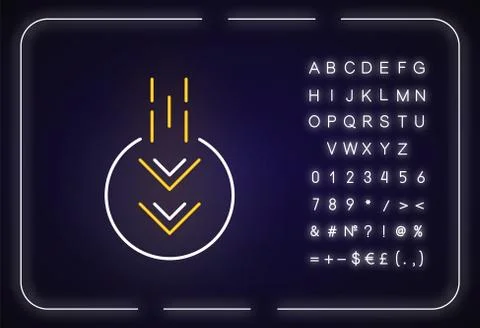 Moving down arrow in circle neon light icon. Mobile app page browsing indicat Stock Illustration