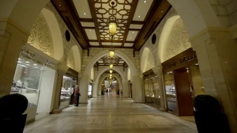Moving Down Hallway of Luxury Shops, Stores and Outlets in Dubai Mall Stock Footage 103810232