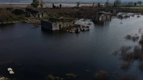 Moving down view of Miletus ancient city ruins Stock Footage 103896095