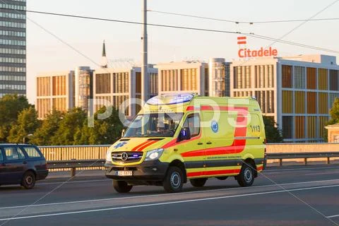 Moving Emergency Ambulance Reanimation Car On Vansu Bridge In Riga