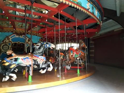 Moving Empty carousel in Central park, New York park during a pandemic Covid-19. Stock Photos