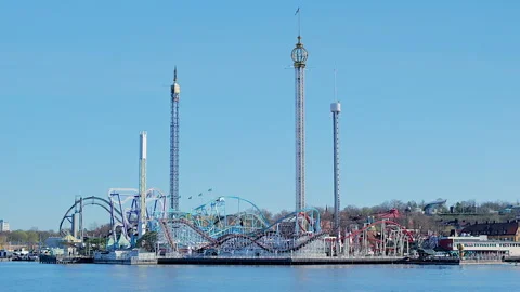 Moving ferry boat view of Grona Lund Amusement Park, Stockholm, Sweden Video stock 312147993