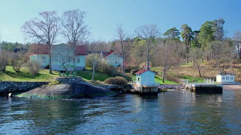 Moving ferry seascape view of archipelago homes, Stockholm, Sweden Stock-Footage 312148279