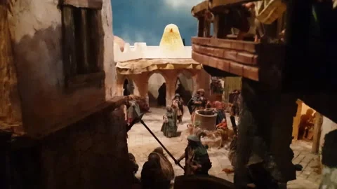 Moving figurines of handmade nativity scene at Penna in Teverina Stockbeeldmateriaal 279908883