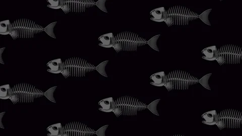 Moving Fish skeletons on black background. Seamless loop. Stock Footage 101658356
