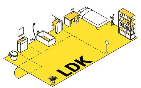 Moving floor plan image, 1LDK, isometric illustration with simple line drawin Stock Illustration
