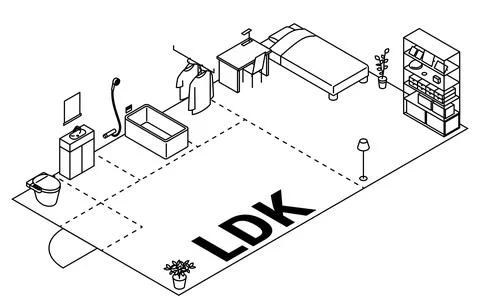 Moving floor plan image, 1LDK, isometric illustration with simple line drawin Stock Illustration
