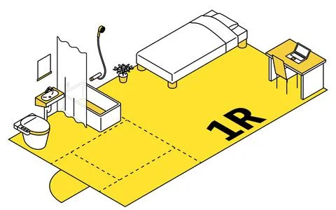Moving floor plan image, 1ROOM, isometric illustration with simple line dra.. Stock Illustration