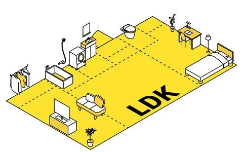 Moving floor plan image, 2LDK, isometric illustration with simple line drawin Stock Illustration
