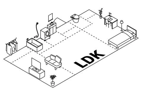 Moving floor plan image, 2LDK, isometric illustration with simple line drawin Stock Illustration