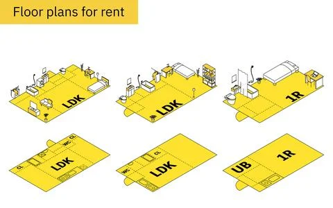 Moving floor plan image, 2LDK, isometric illustration with simple line drawin Stock Illustration