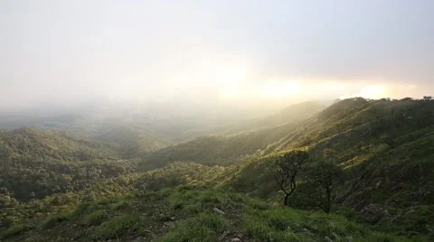 Moving fog mist cloud over the mountain in the forest with sunset in background Stock Footage 68318549