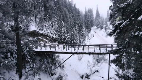 Moving forward above the bridge in snowed mountains Stock Footage 162442925