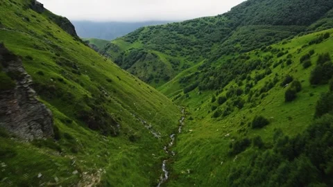 Moving forward between green mountains with hiking tops Stock Footage 314955887
