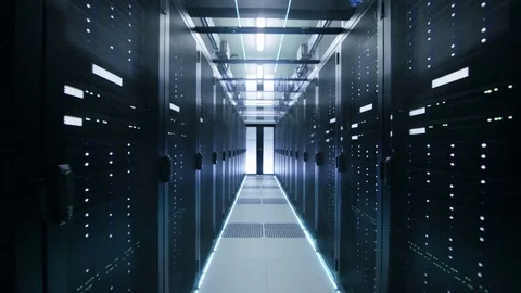 Moving Forward Dolly Shot of a Working Data Center With Rack Servers. Stock Footage 73667981