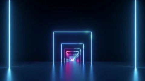 Moving forward the infinity tunnel with glowing neon square frames. Stock Footage 278151360