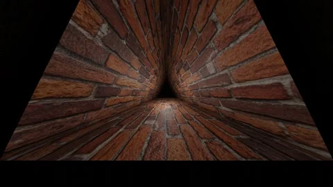 Moving forward inside dark triangular endless red brick tunnel. 3d render looped Video stock 297686186