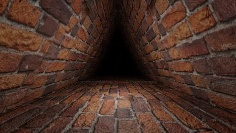 Moving forward inside dark triangular endless red brick tunnel. 3d render looped Stock Footage 297686194