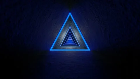 Moving forward inside dark triangular endless tunnel with blue glowing stripes.  Stock Footage 297686226