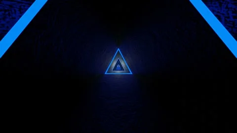 Moving forward inside dark triangular endless tunnel with blue glowing stripes.  Video stock 297686230