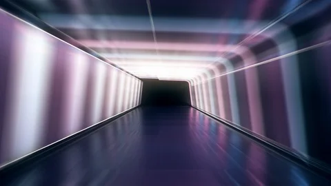 Moving forward inside an endless tunnel with glowing blue and pink neon lines Video stock 106402614