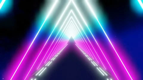 Moving forward inside tunnel with glowing triangular ultraviolet neon lights Stock Footage 245610195