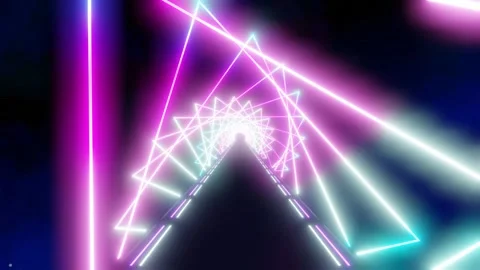 Moving forward inside tunnel with rotating triangular ultraviolet neon lights Stock Footage 245610273