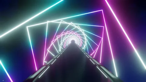 Moving forward inside tunnel with rotating rectangular ultraviolet neon lights 스톡 동영상 245610363