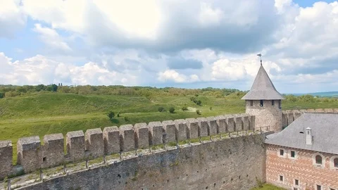 Moving forward over fortification wall of castle Khotyn in Ukraine Stock Footage 99671368