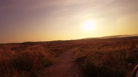 Moving forward scooter riding view   on road of dry deserted grass bush land at  Stock Footage 240483242