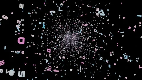 Moving forward through a background of glowing letters on a black background. 3d Stock-Footage 259707350