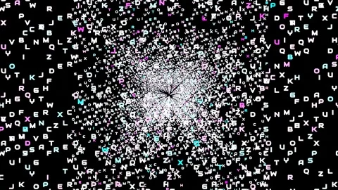 Moving forward through a background of glowing letters on a black background. 3d Stock Footage 259707374